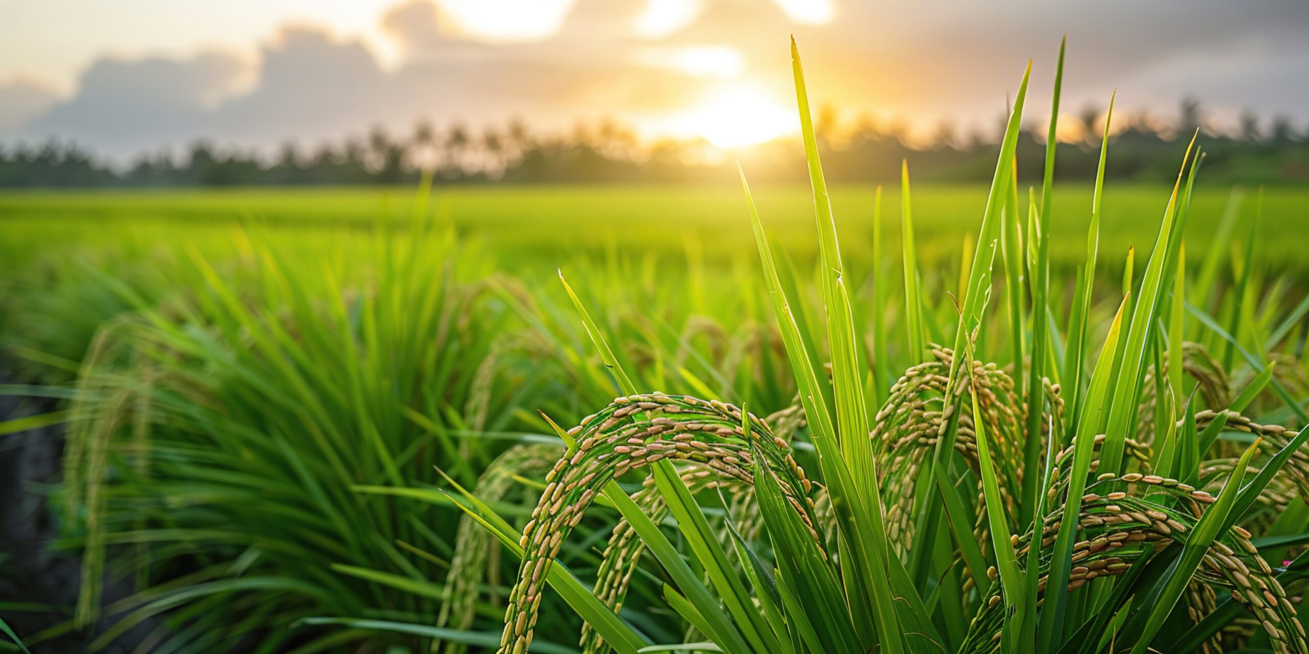 Golden paddy field swaying sunset day time raw rice crop stalk with ears scaled